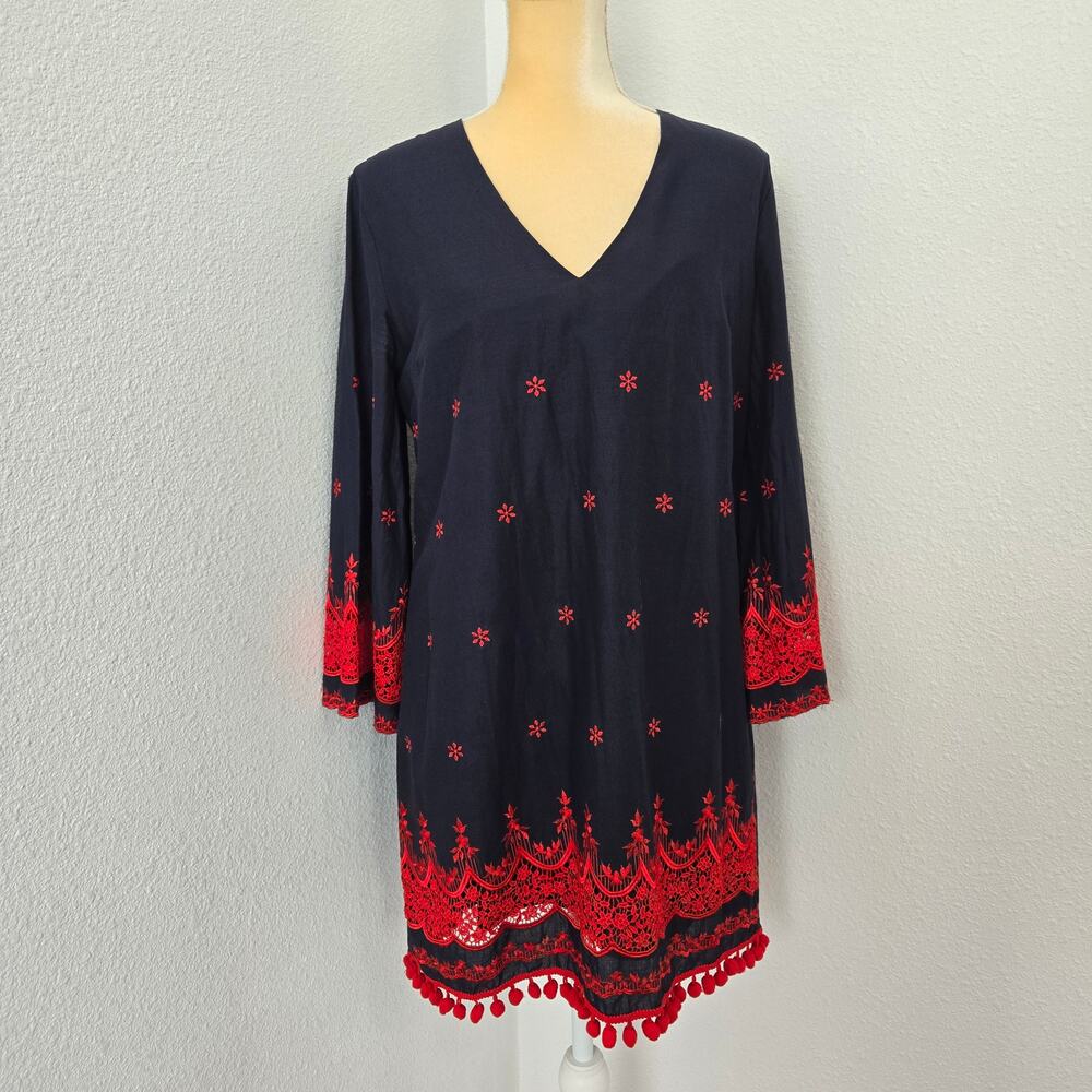 English Factory Women's Navy Long Sleeve Midi Dress w/ Red Embroidery Size M